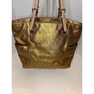 Michael Kors Jet Set Tote Bag Metallic Gold Monogram Logo Shoulder Bag I-1307